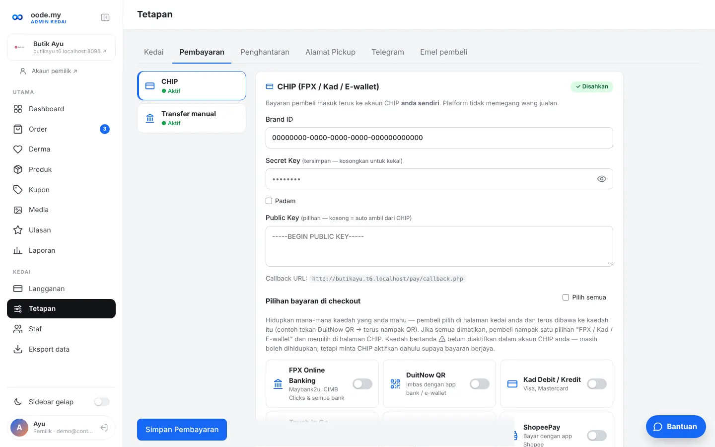 Tetapan pembayaran & pilihan kaedah bayaran di checkout